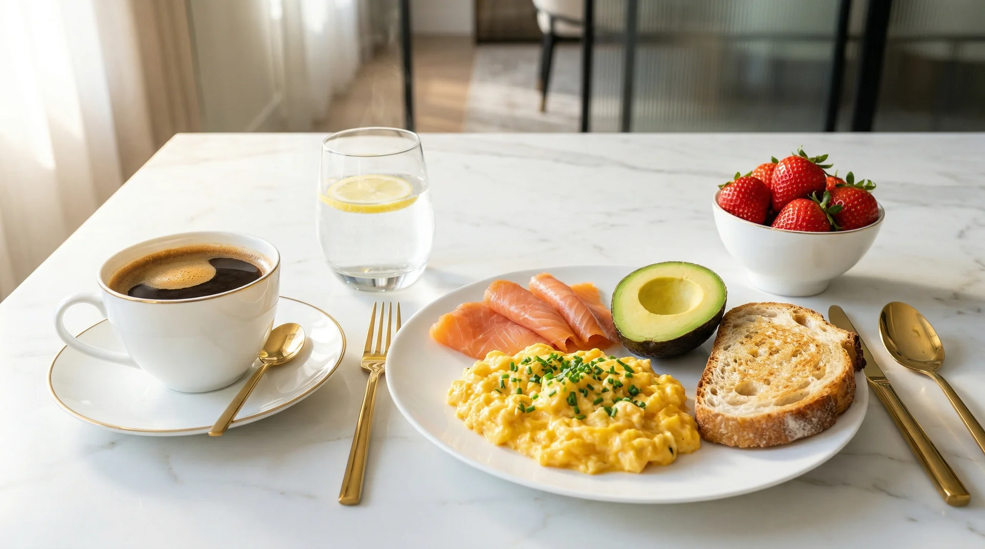 Perfektes Morgen-danach-Frühstück: Rührei, Lachs, Avocado auf Marmor, warmes Morgenlicht