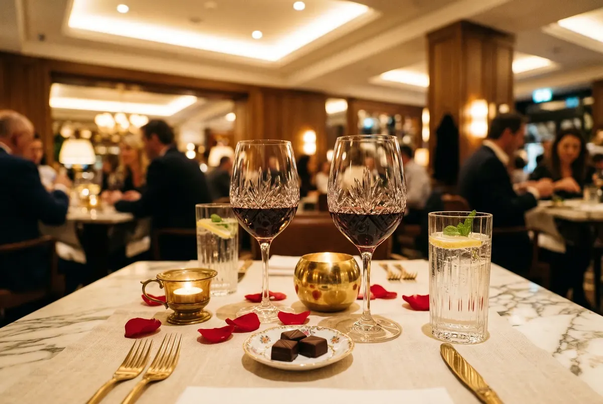 Zwei Weingläser und ein Glas Wasser auf elegantem Restauranttisch, warmes Licht