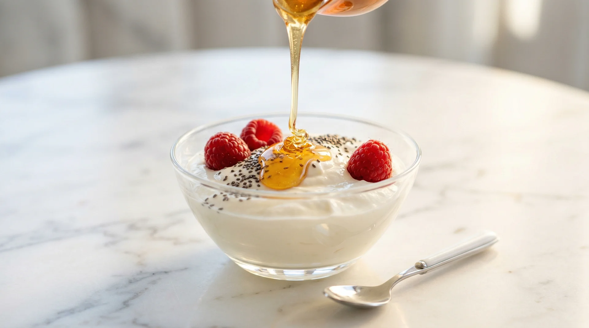 Griechischer Joghurt mit Chiasamen und Honig in Glasschale, editorial Stil