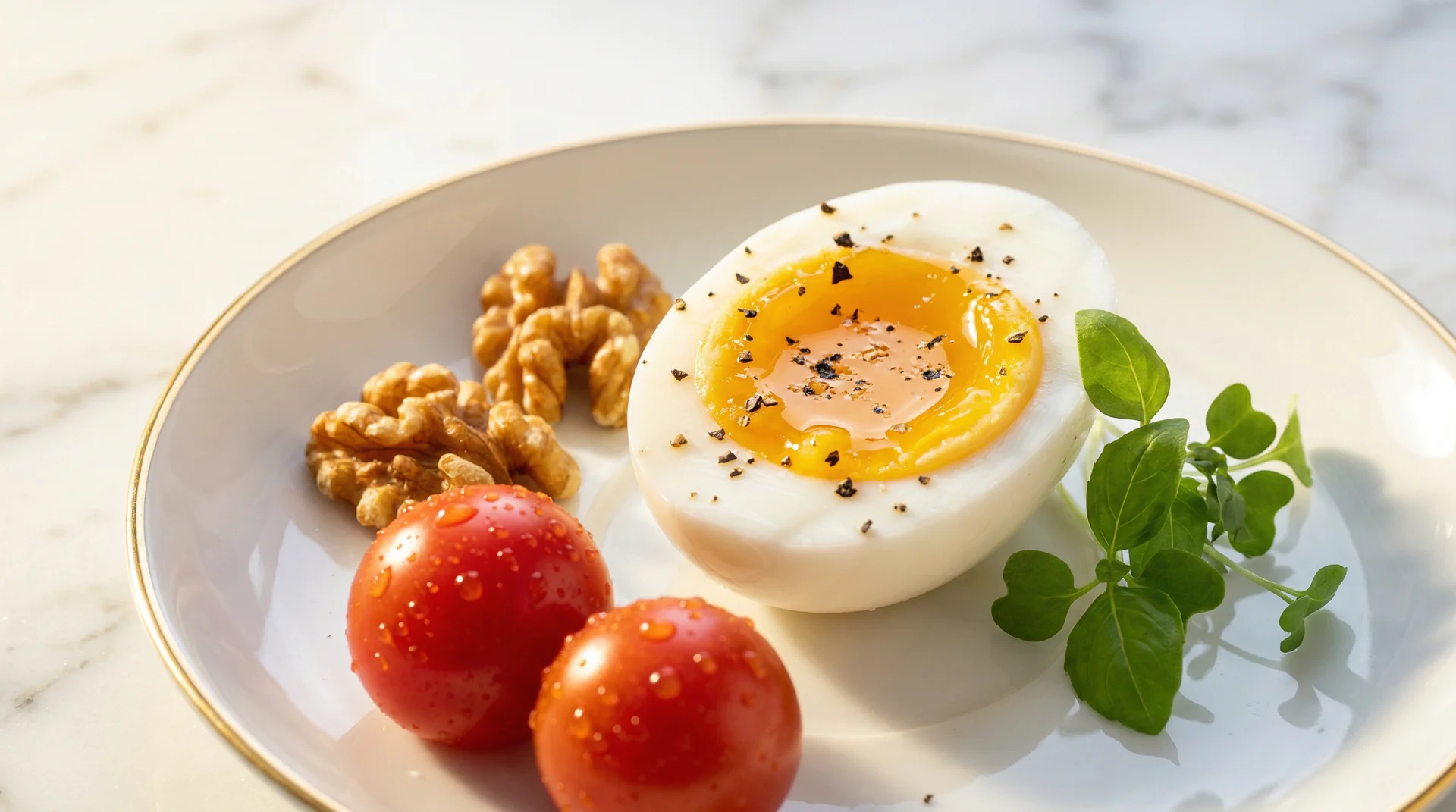 Walnüsse und gekochtes Ei auf Marmorteller, warmes Morgenlicht