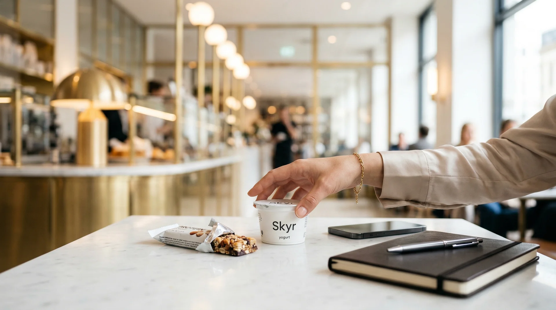 Skyr und Proteinriegel auf Marmortablett, elegante Frau unterwegs