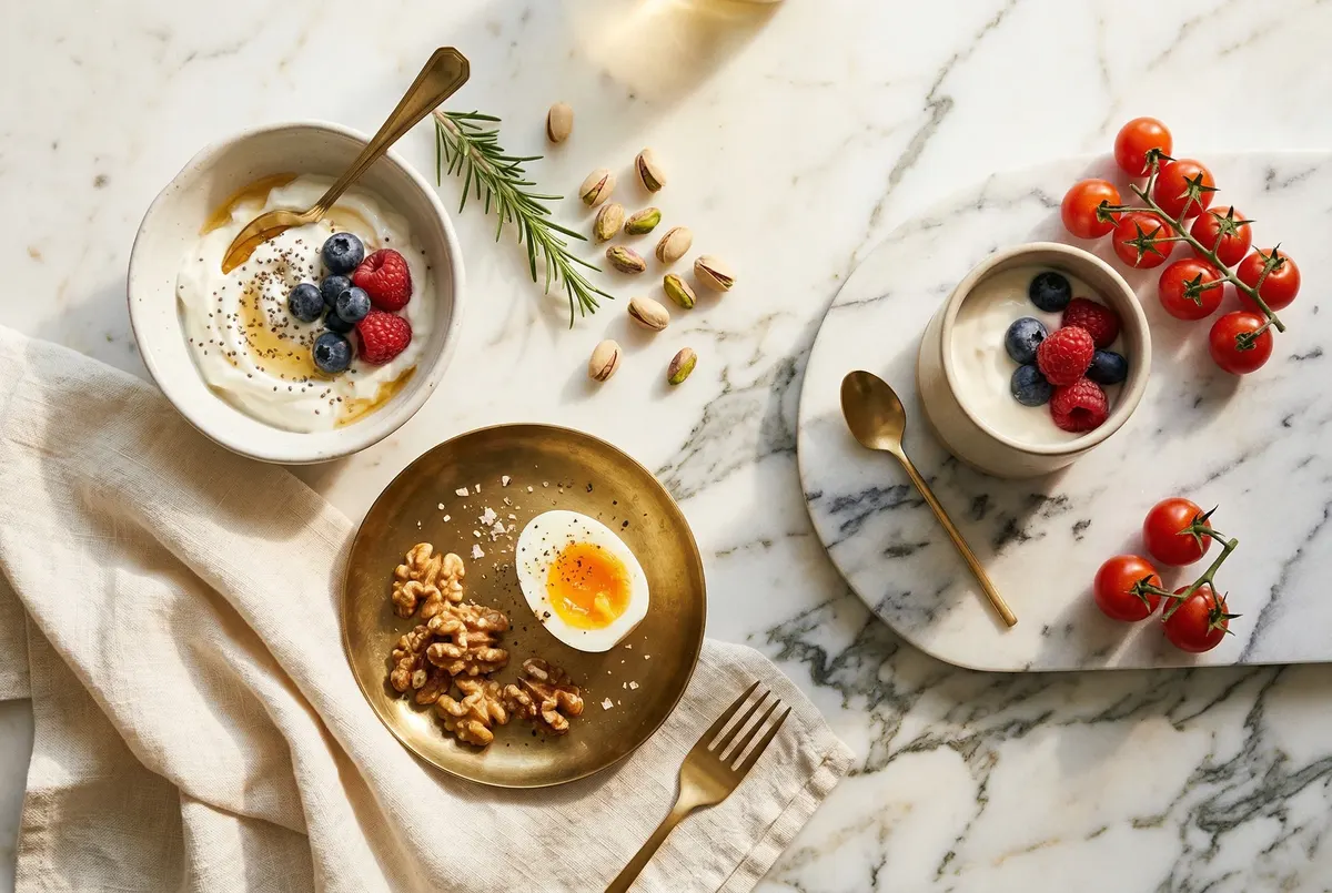Elegante Küche mit Joghurt, Nüssen und Beeren auf Marmoroberfläche, helles Licht