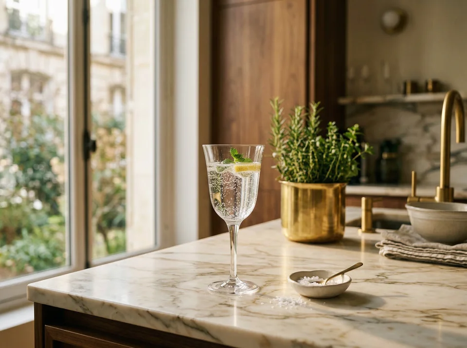 Elegantes Glas Mineralwasser mit Meersalz auf Marmor, warmes Morgenlicht