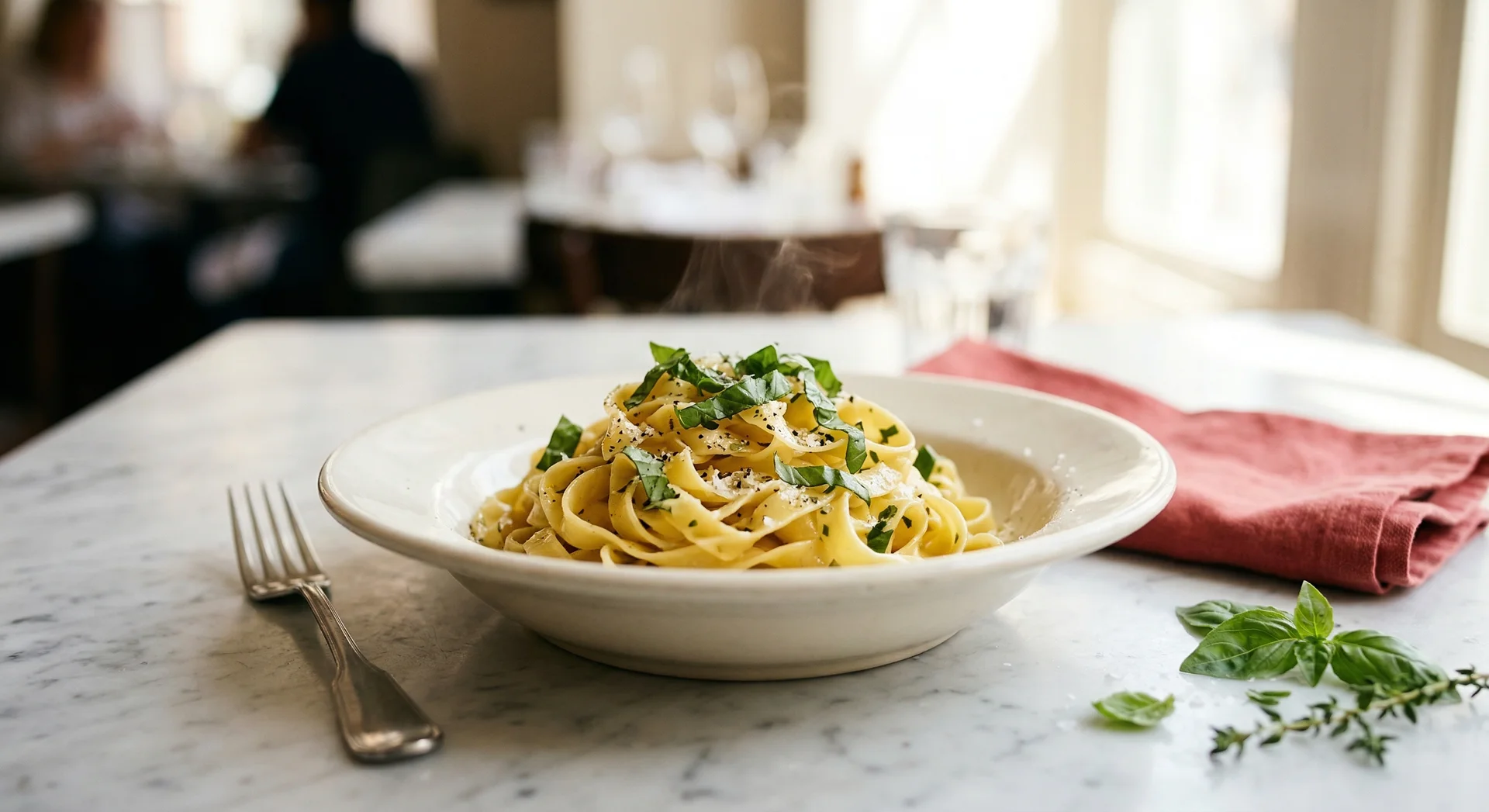 Frische Tagliatelle mit Basilikum auf weißem Teller