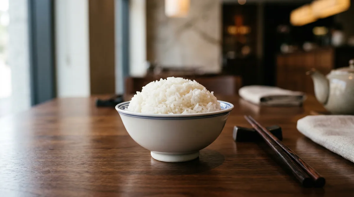 Jasminreis in weißer Porzellanschale mit Stäbchen