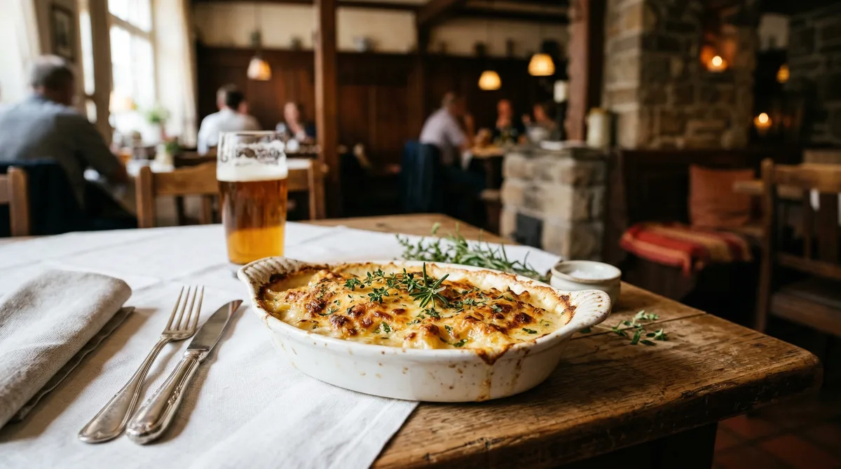 Kartoffelgratin mit Kräutern im deutschen Gasthaus