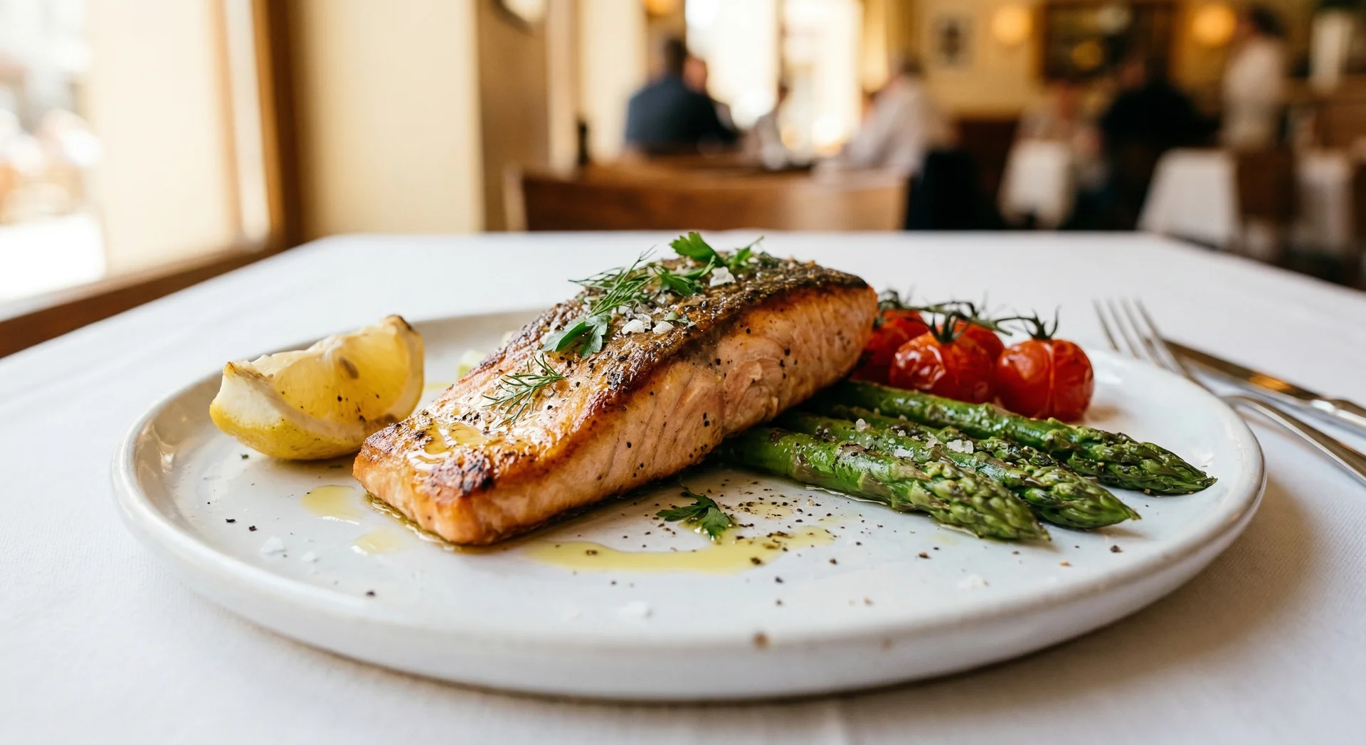 Gegrillter Lachs mit Spargel auf weißem Teller