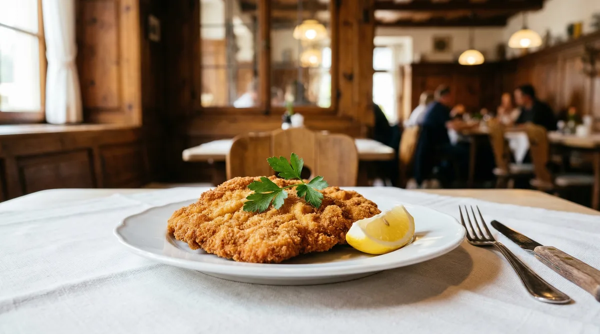 Wiener Schnitzel mit Zitrone und Petersilie im deutschen Gasthaus