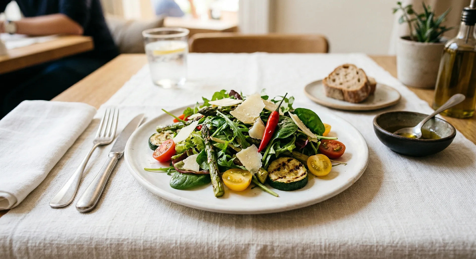 Frischer Salat mit gegrilltem Gemüse auf weißem Teller