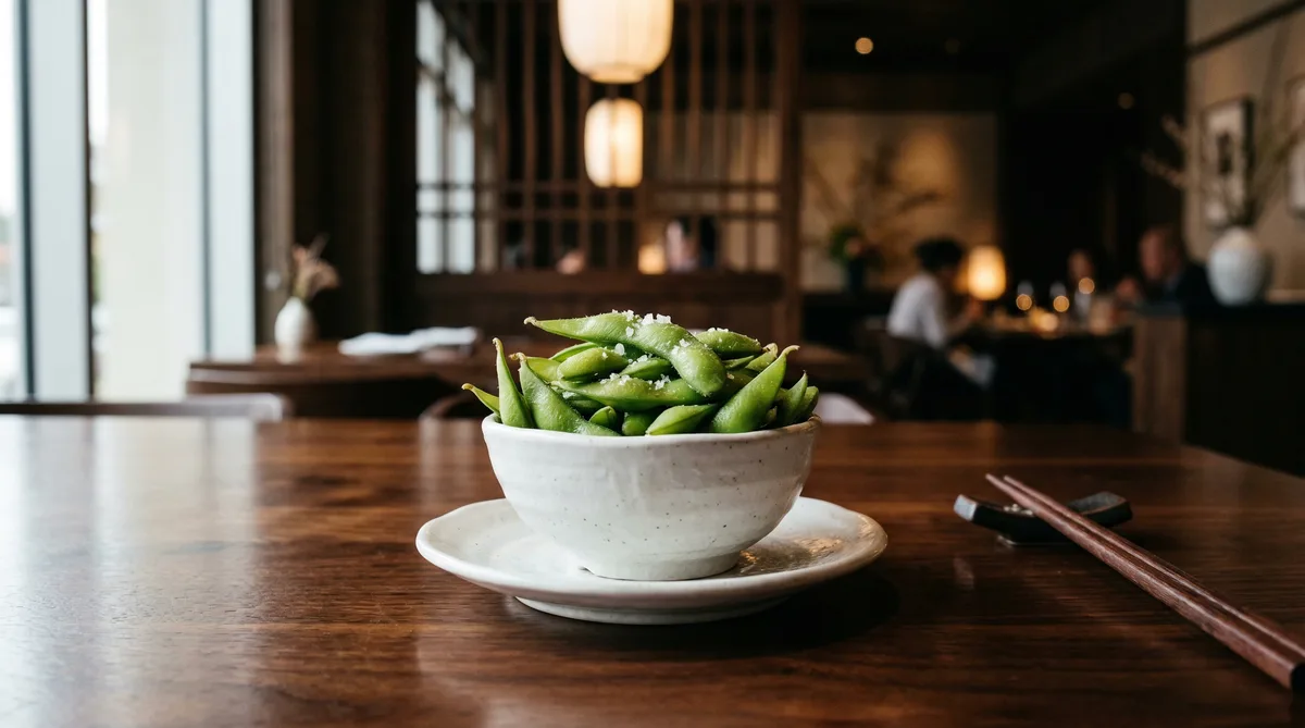 Edamame mit Meersalz in weißer Schale im japanischen Restaurant