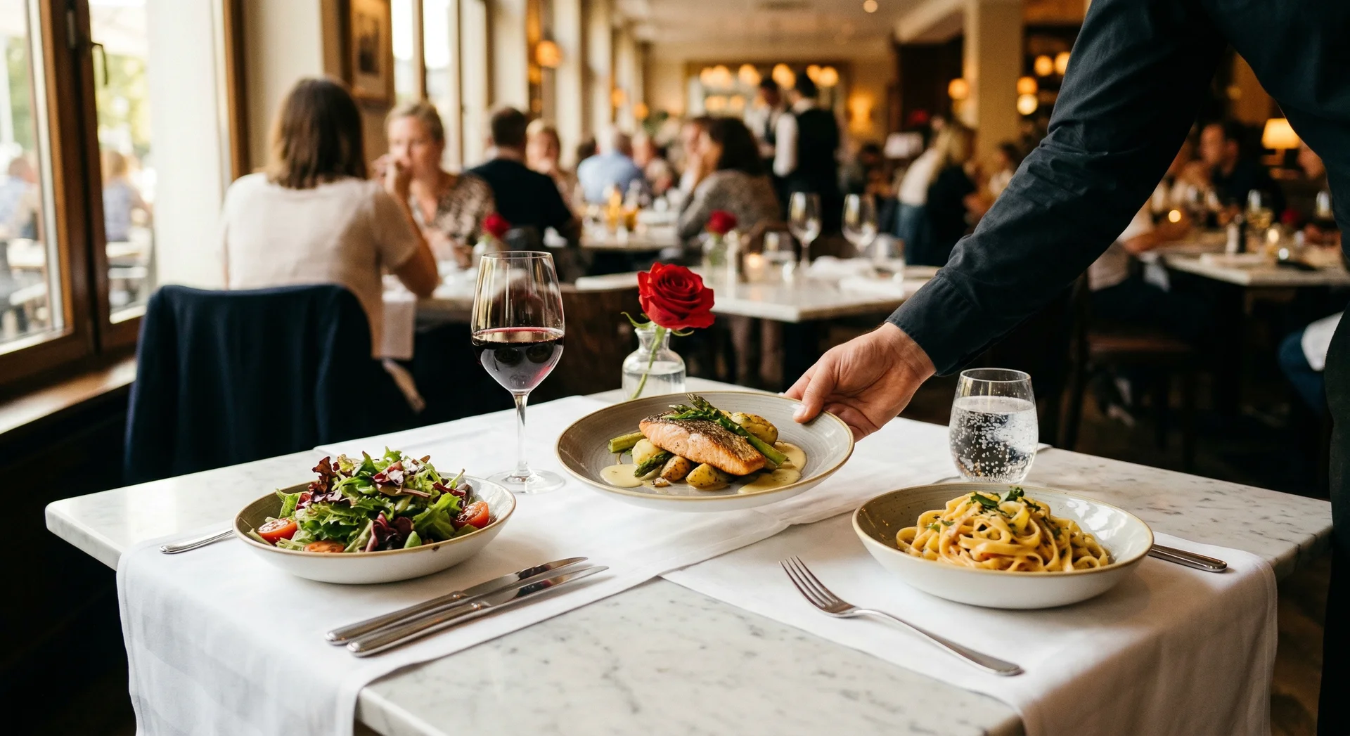 Drei Gänge in Reihenfolge auf Marmortisch — Salat, Lachs, Pasta, helles Licht