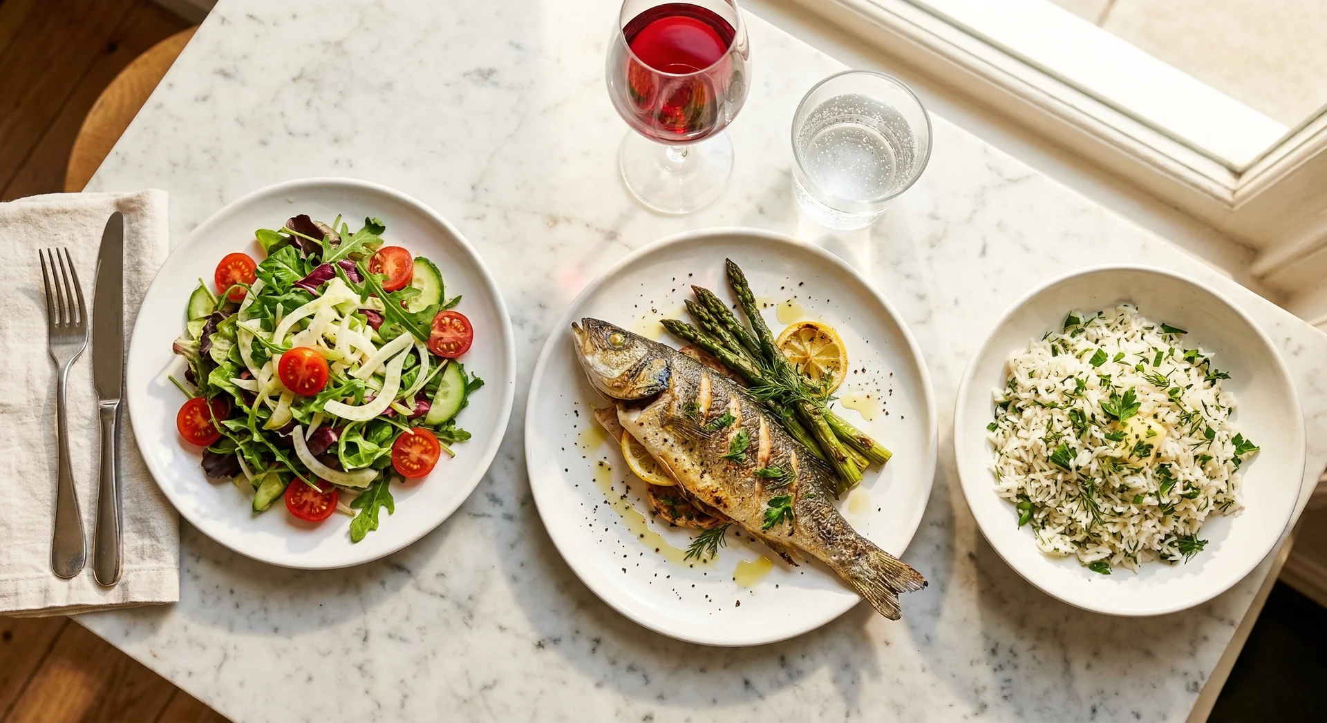 Overhead: drei Teller in Reihenfolge — Salat, Protein, Pasta auf elegantem Restauranttisch