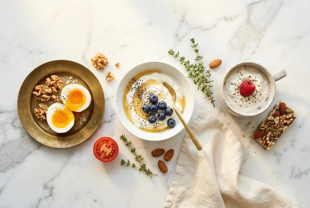 Flat Lay: drei elegante Snack-Optionen — Walnüsse mit Ei, griechischer Joghurt, Skyr auf Marmor