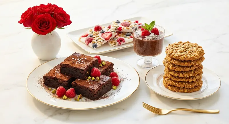 Elegante Auswahl proteinreicher Desserts — Brownies, Cookies, Joghurt-Bark auf Marmorplatte