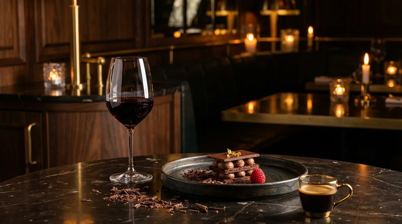 Elegantes Dessert mit einem Glas Rotwein im Kerzenlicht