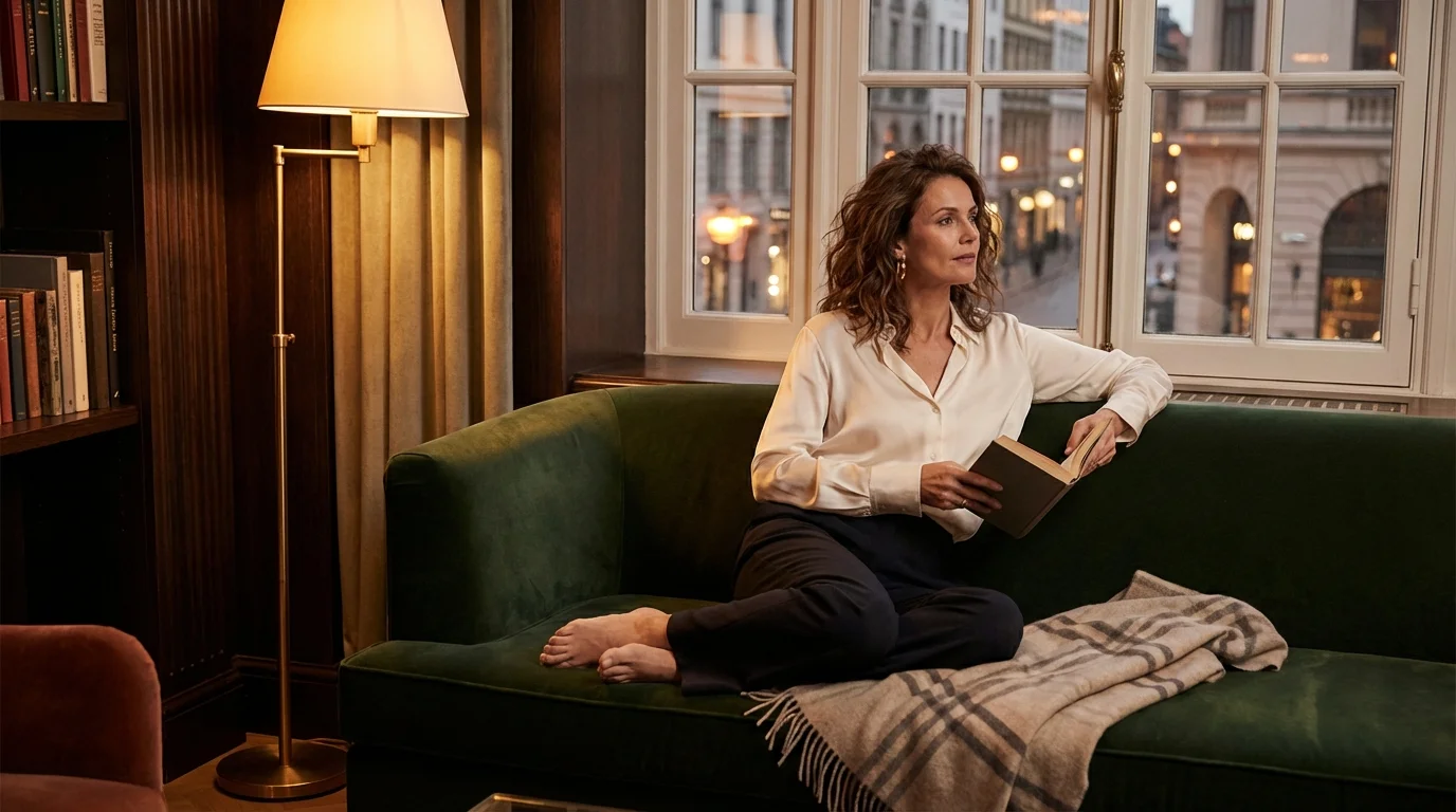 Entspannte Frau auf dem Sofa mit einem Buch im Abendlicht