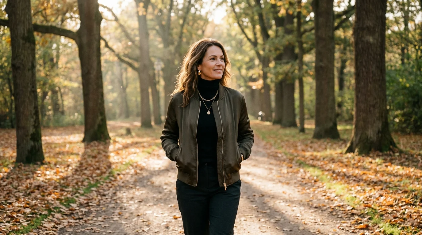 Frau spaziert entspannt durch einen herbstlichen Park im goldenen Abendlicht