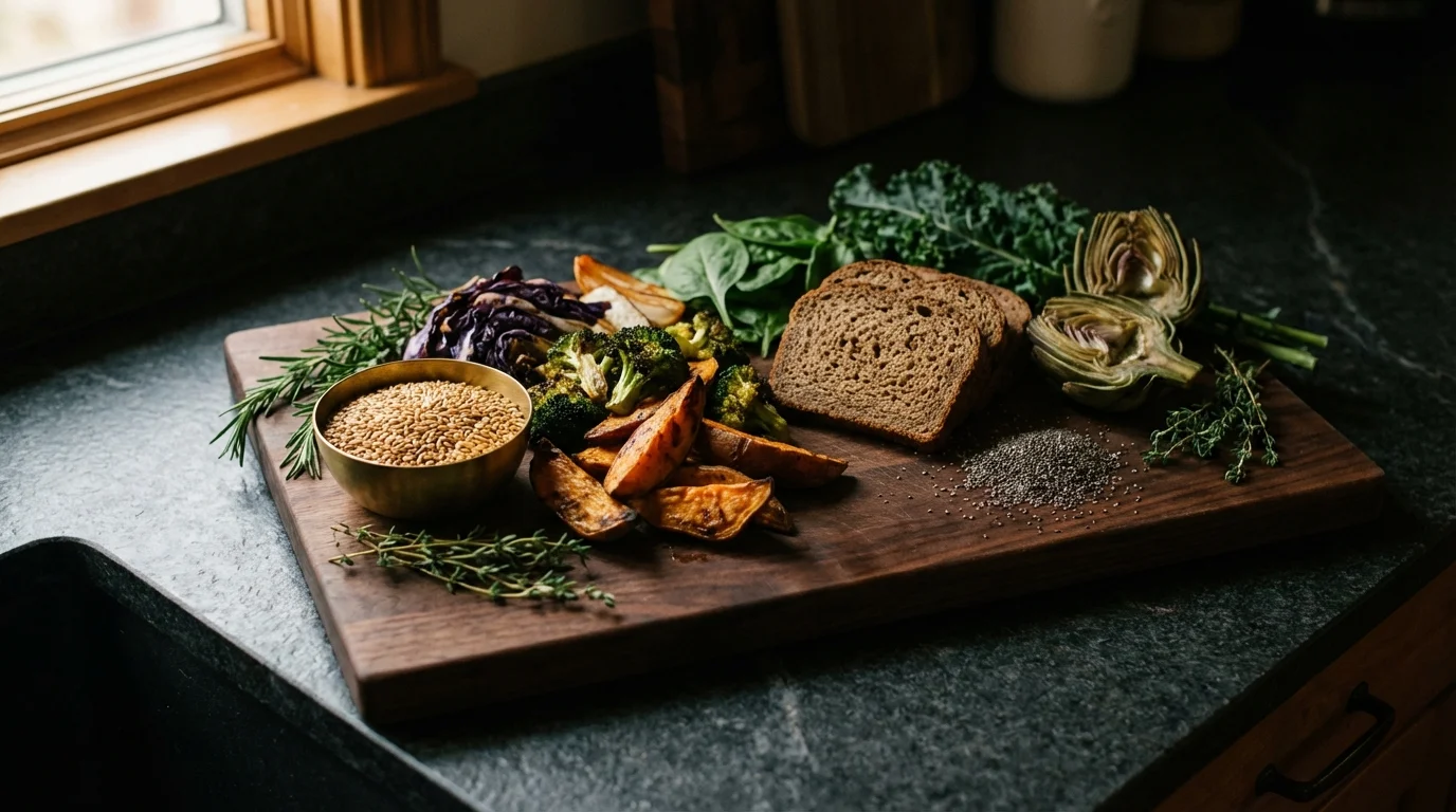 Ballaststoffreiche Zutaten auf einem Holzbrett