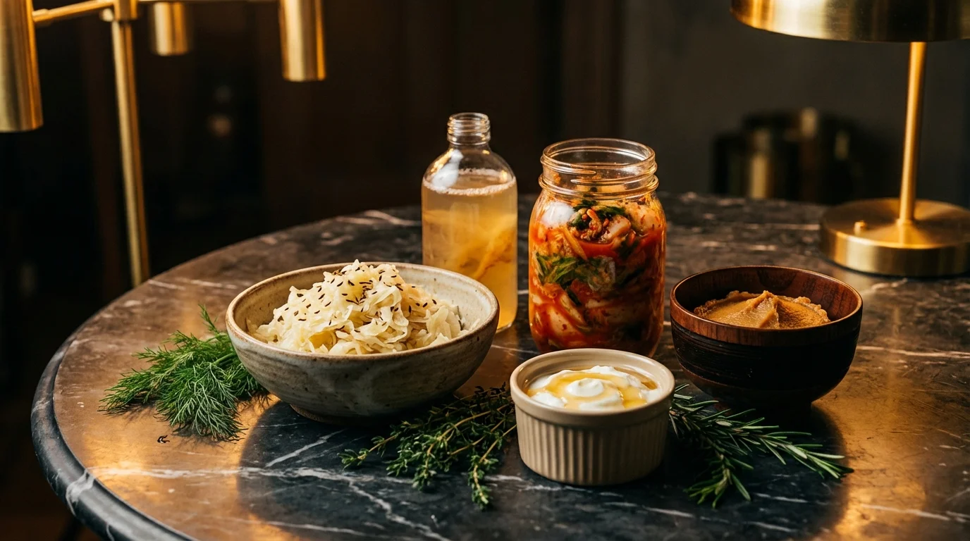 Fermentierte Lebensmittel auf dunklem Marmor: Sauerkraut, Kimchi, Kombucha und Joghurt