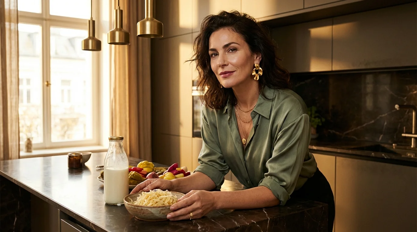 Frau bereitet fermentierte Lebensmittel in einer eleganten dunklen Küche zu