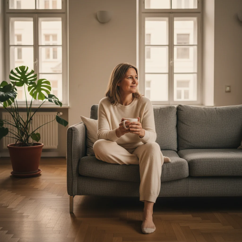 Frau mit Kamillentee auf dem Sofa — das Abend-Tee-Ritual ist zur Routine geworden