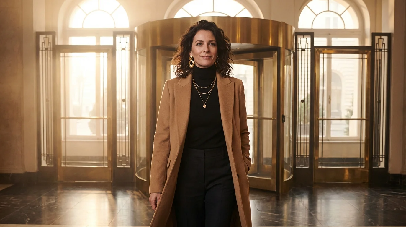 Selbstbewusste Frau schreitet durch eine elegante Hotel-Lobby ins Licht &mdash; ein neuer Anfang