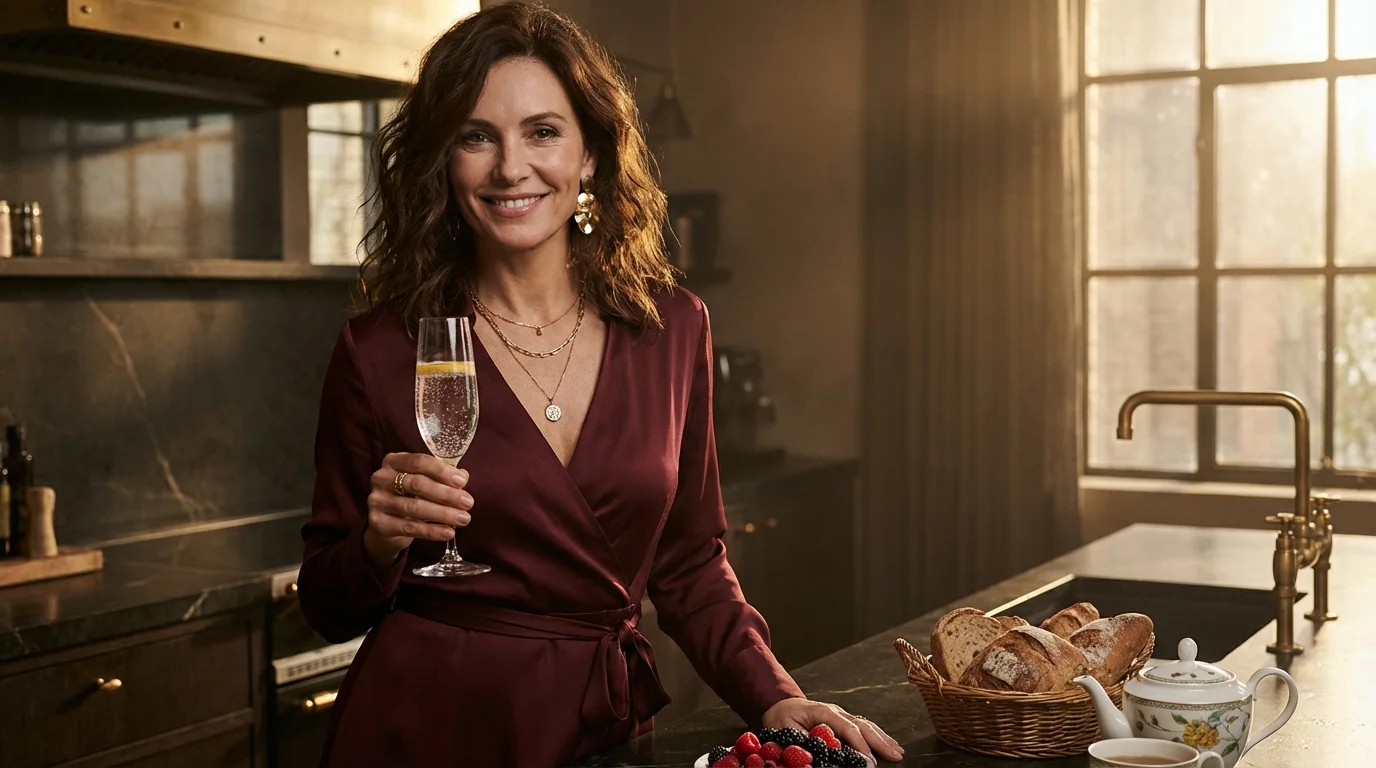 Strahlende Frau in elegantem Kleid feiert mit einem Glas &mdash; Celebration nach 14 Tagen Protokoll