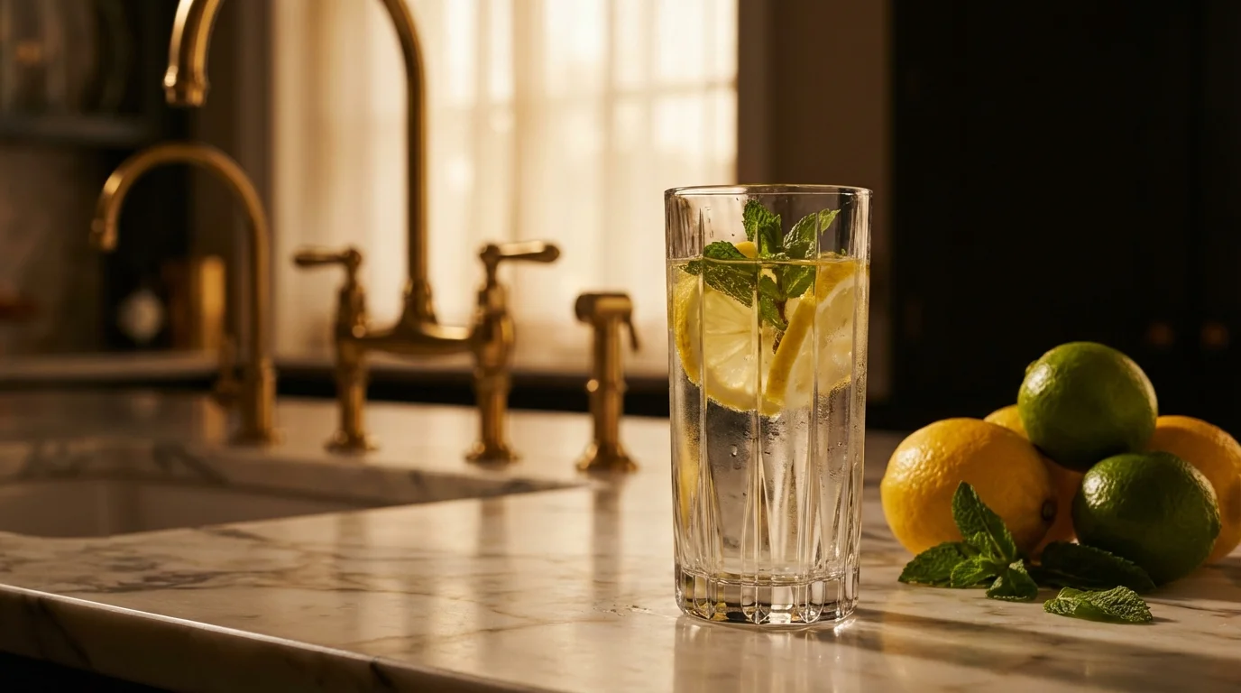 Kristallglas mit Zitronenwasser auf Marmor &mdash; Hydration als Fundament