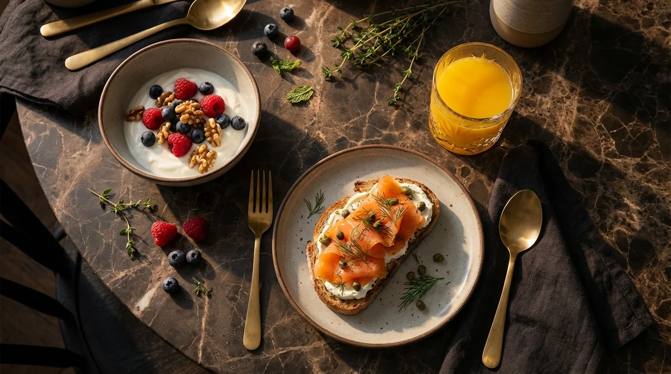 Luxuri&ouml;ses Fr&uuml;hst&uuml;ck mit Lachs, Joghurt und frischen Beeren