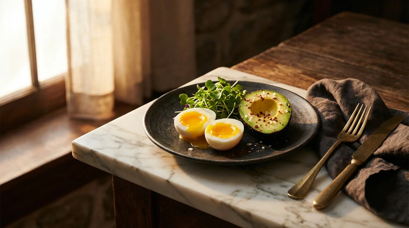 Perfekt angerichteter Teller mit Eiern und Avocado &mdash; Protein als Fundament