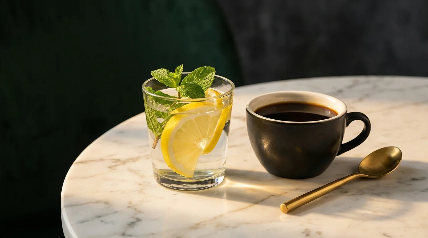 Wasser mit Zitrone und schwarzer Kaffee auf Marmor &mdash; Intervallfasten Begleiter