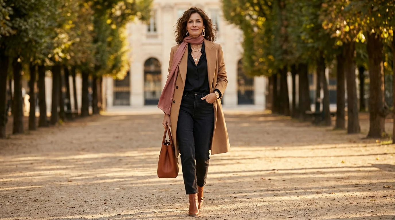 Frau beim eleganten Spaziergang durch einen europ&auml;ischen Park im goldenen Licht