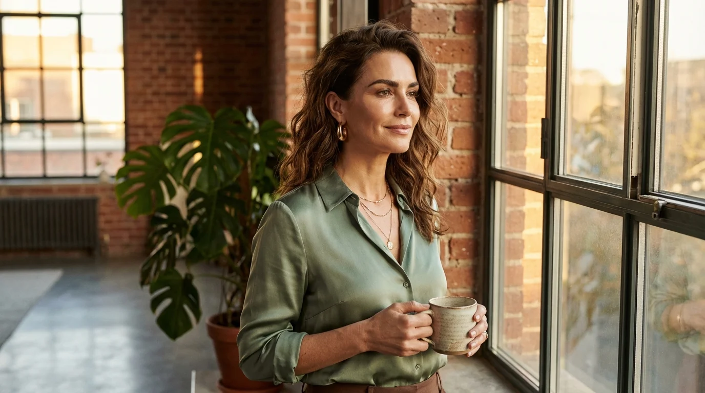 Frau genie&szlig;t nachmittags eine Tasse Tee mit ruhiger Energie