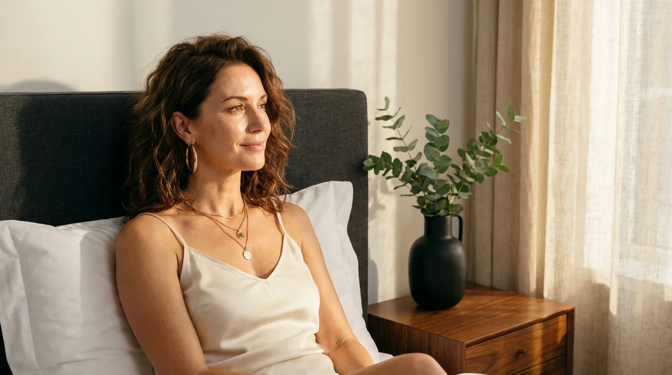 Frau wacht erfrischt und ausgeruht im Morgenlicht auf