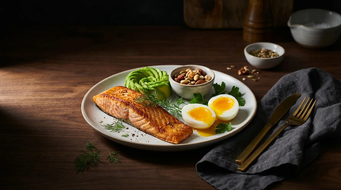 Proteinreiche Mahlzeit mit Lachs, Avocado und gesunden Fetten