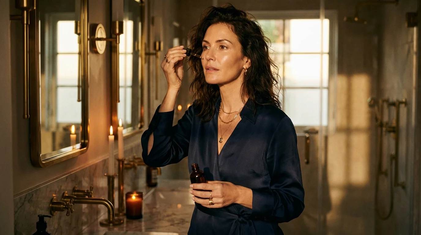 Frau bei ihrem abendlichen Hautpflege-Ritual im Kerzenlicht