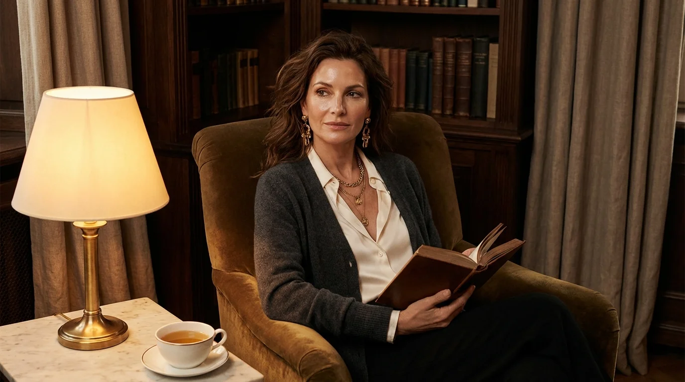 Frau liest entspannt ein Buch im warmen Lampenlicht am Abend