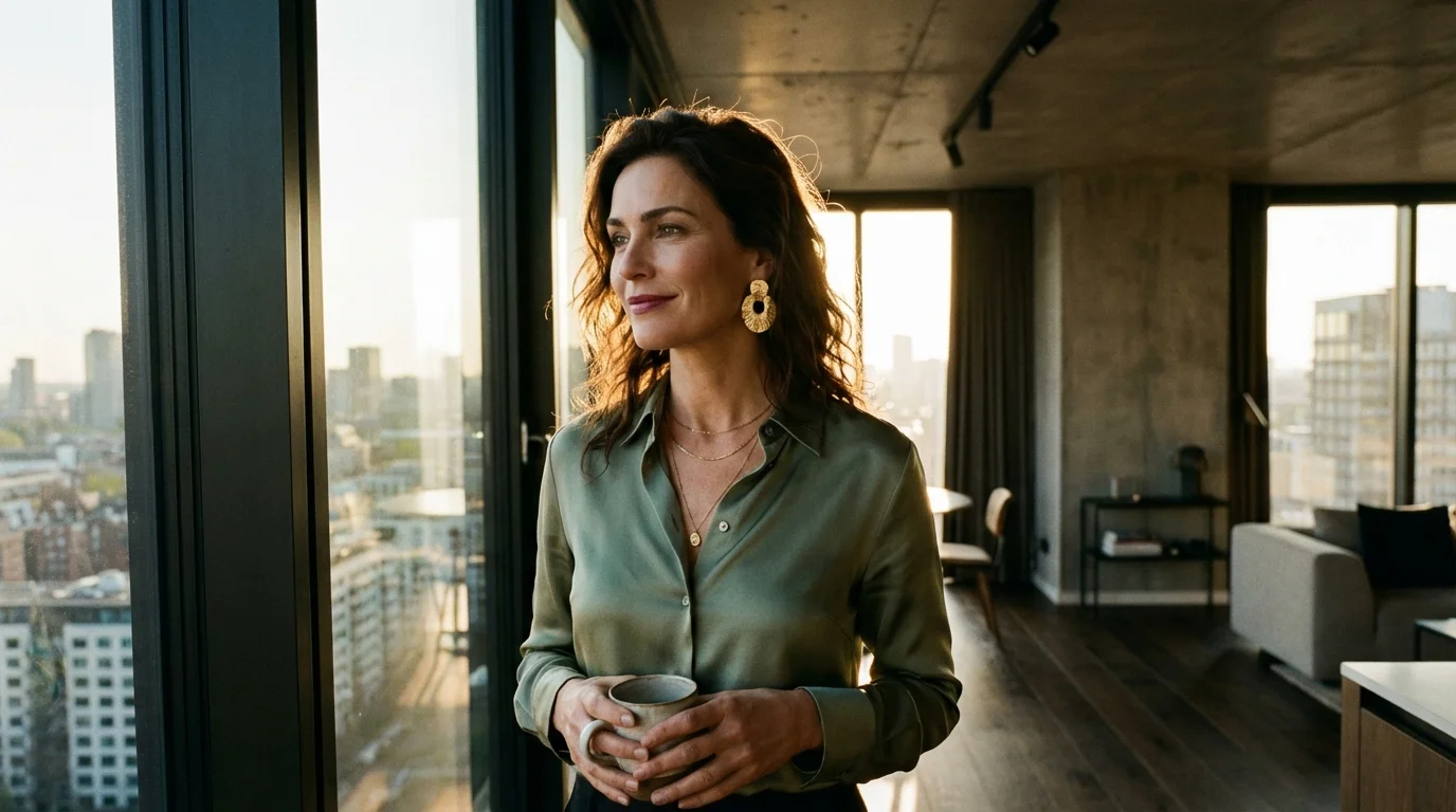 Frau am Fenster mit warmem Morgenlicht und einem zufriedenen L&auml;cheln