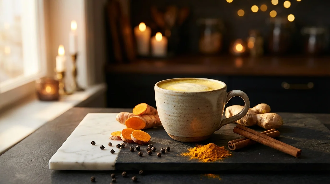 Goldene Kurkuma-Milch mit frischem Ingwer, Zimt und Kurkumapulver