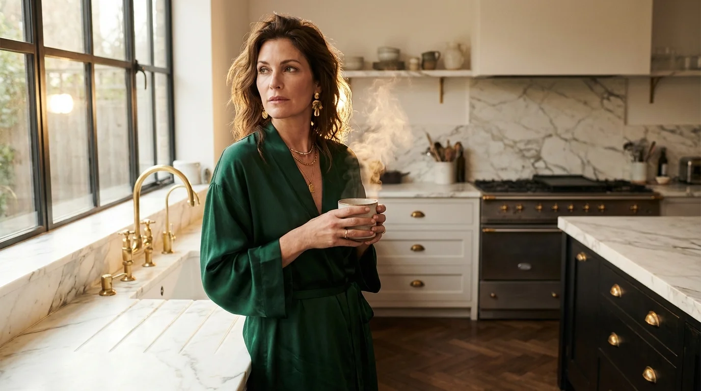 Frau in luxuri&ouml;ser K&uuml;che mit dampfender Teetasse im Morgenlicht