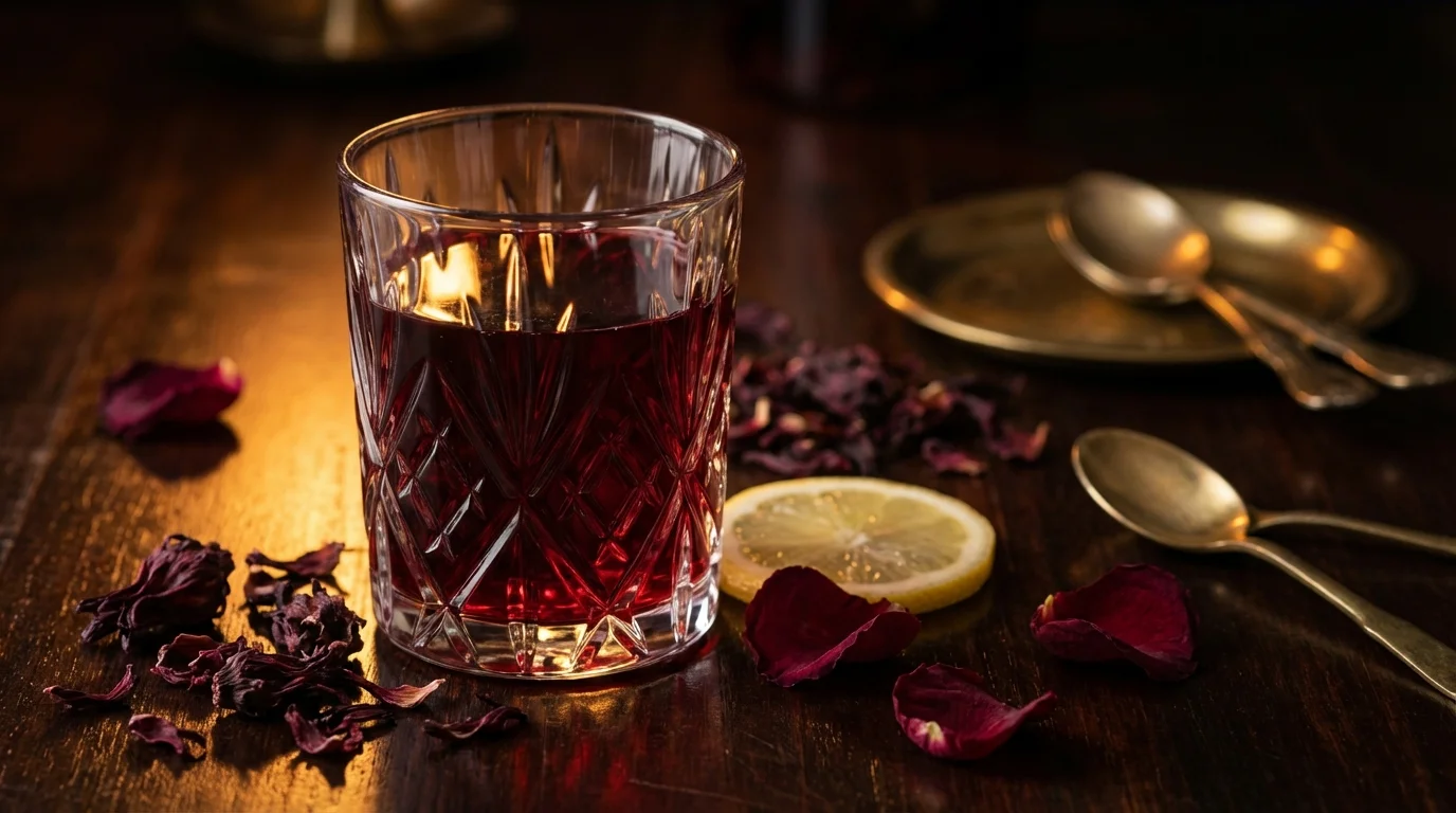 Rubinroter Hibiskus-Tee im Kristallglas mit getrockneten Rosenbl&uuml;ten