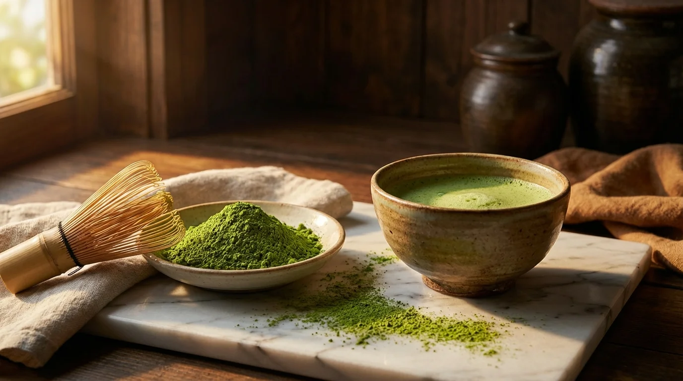 Leuchtend gr&uuml;nes Matcha-Pulver mit Bambusbesen und handgefertigter Keramikschale