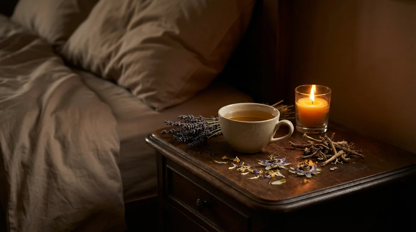 Beruhigender Schlaf-Tee mit Lavendel und Baldrian in abendlicher Atmosph&auml;re