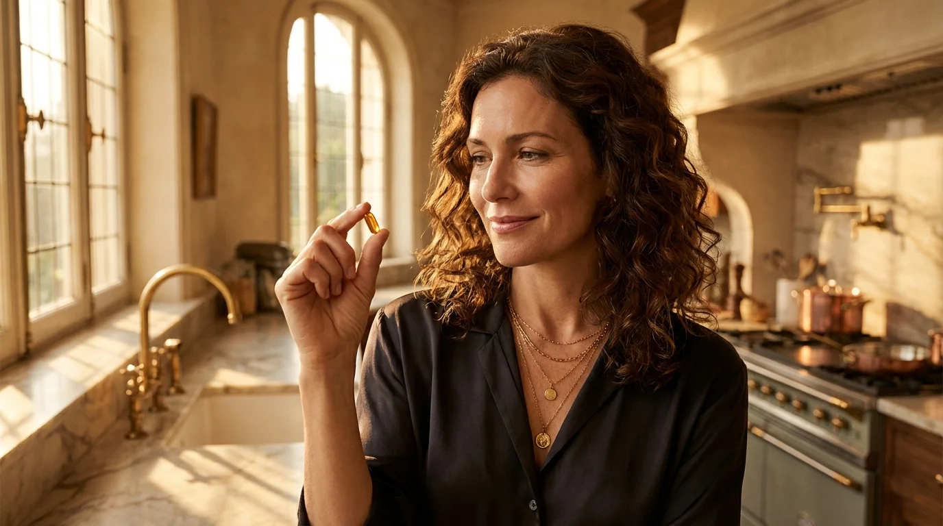 Frau Mitte 40 in der K&uuml;che am Morgen mit B-Komplex Vitamin und Kaffee