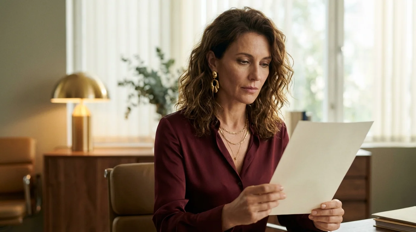 Frau Mitte 40 sitzt in der Arztpraxis und liest ihre Blutbild-Ergebnisse mit entschlossenem Blick