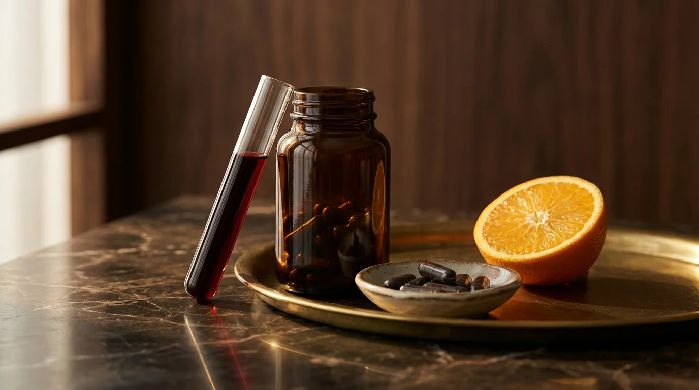 Bluttest-R&ouml;hrchen neben Eisen-Pr&auml;parat und Orange auf dunklem Marmor