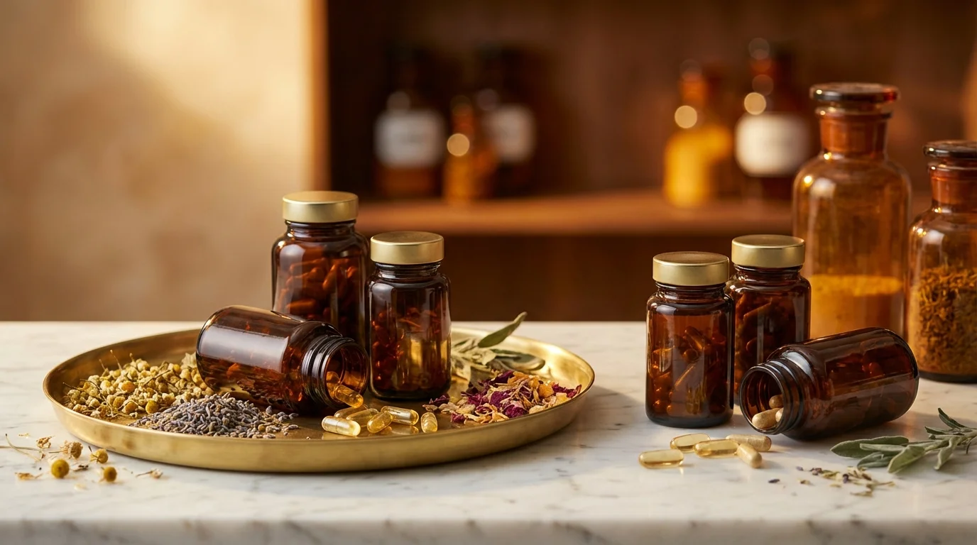 Premium Nahrungserg&auml;nzungsmittel und Botanicals auf Marmor