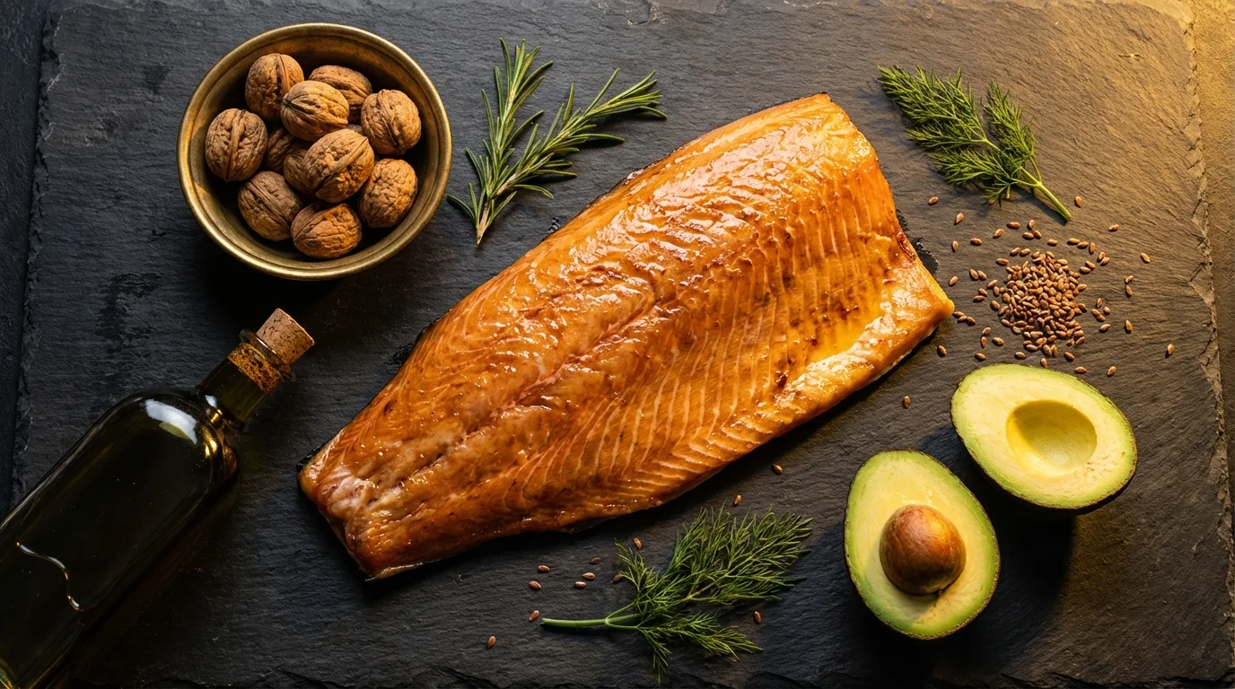 Omega-3 Fisch&ouml;l Kapseln und frischer Lachs auf eleganter dunkler Oberfl&auml;che