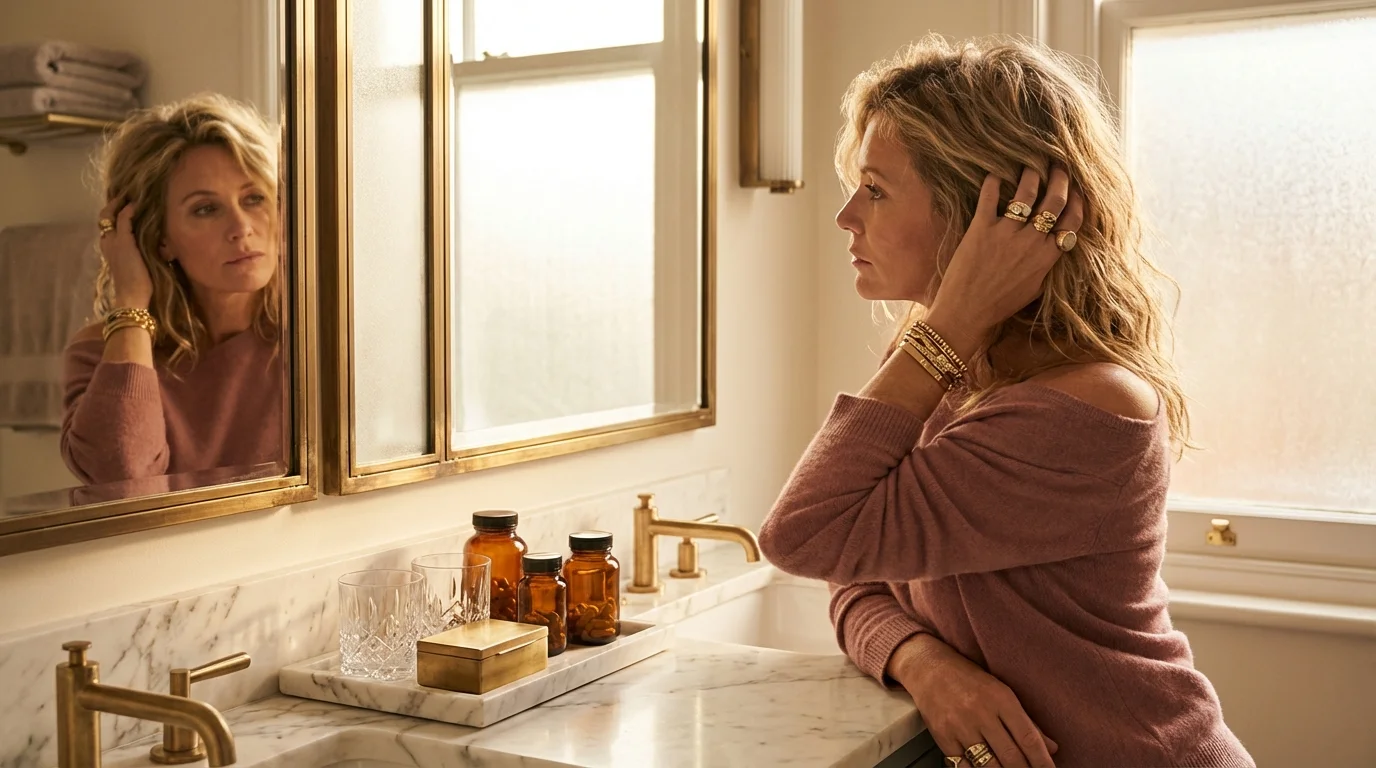 Frau Mitte 40 betrachtet nachdenklich ihre Haare im Badezimmerspiegel &mdash; Zink f&uuml;r Haut und Haare